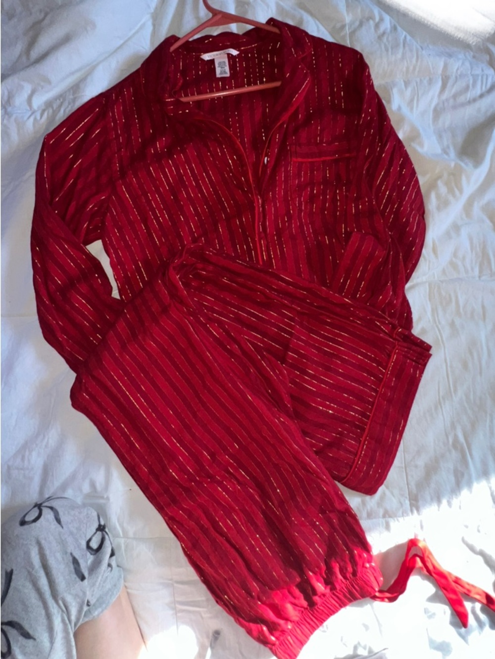 Victoria's Secret Red Velvet Pajama Set with Gold Lurex Stripes